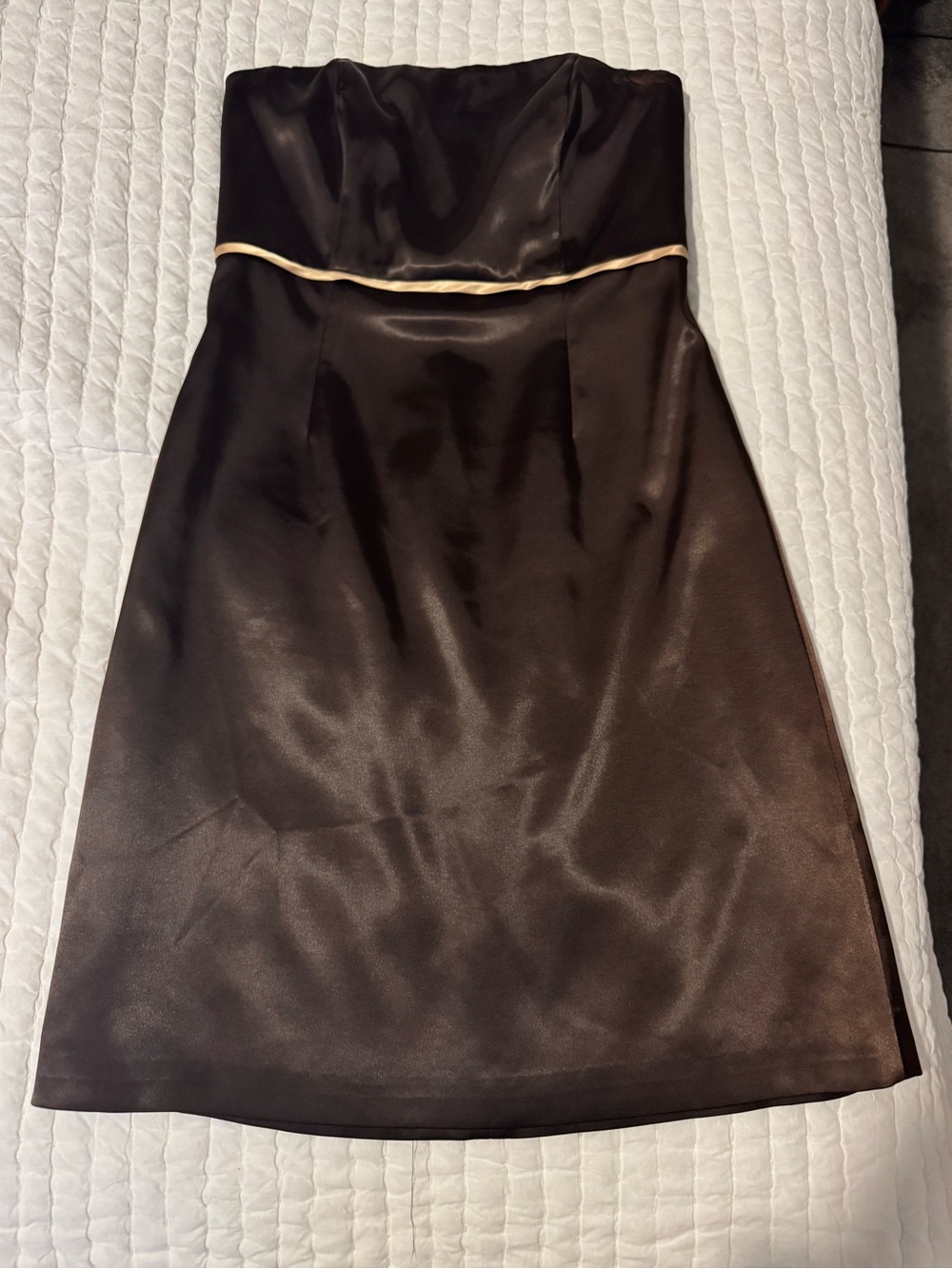 Robin Jordan Strapless Satin Dress in Chocolate with Cream Trim